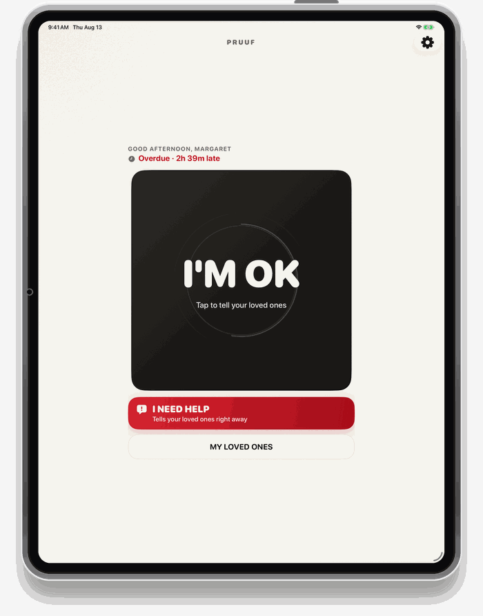 Pruuf on an iPad, showing the same check-in screen at tablet size.