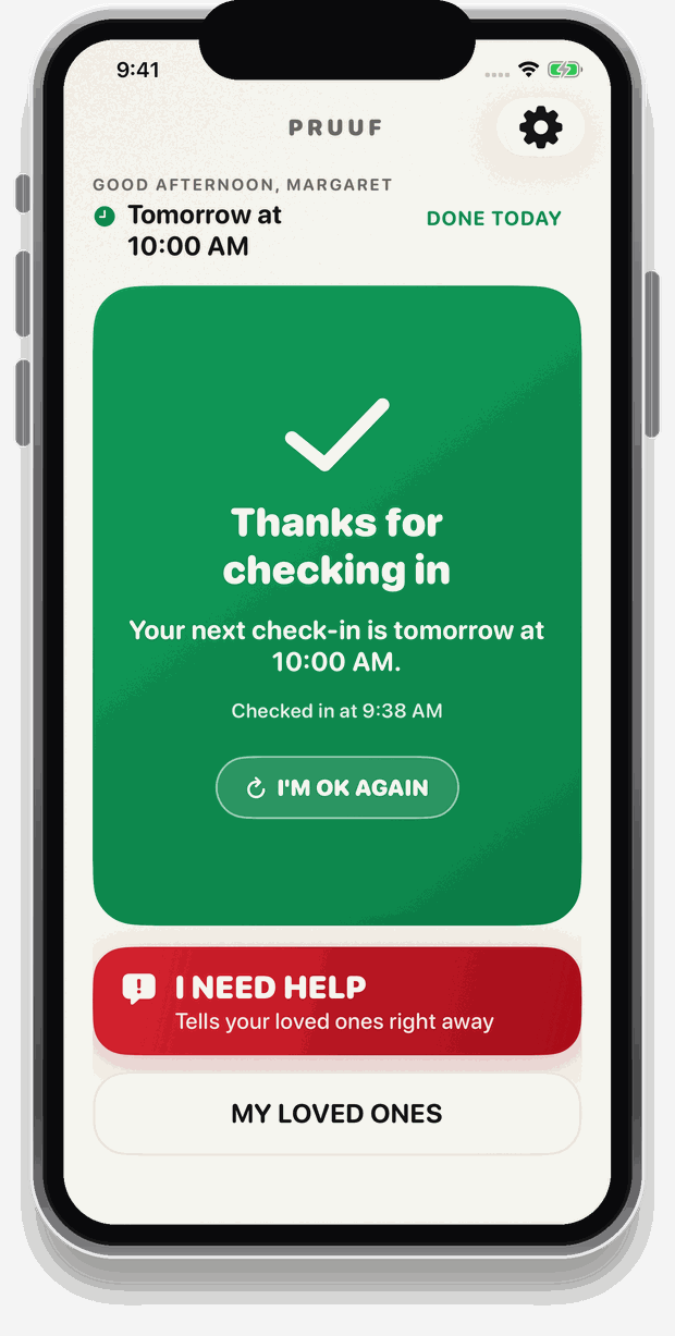 Pruuf on iPhone, showing the confirmation after checking in.