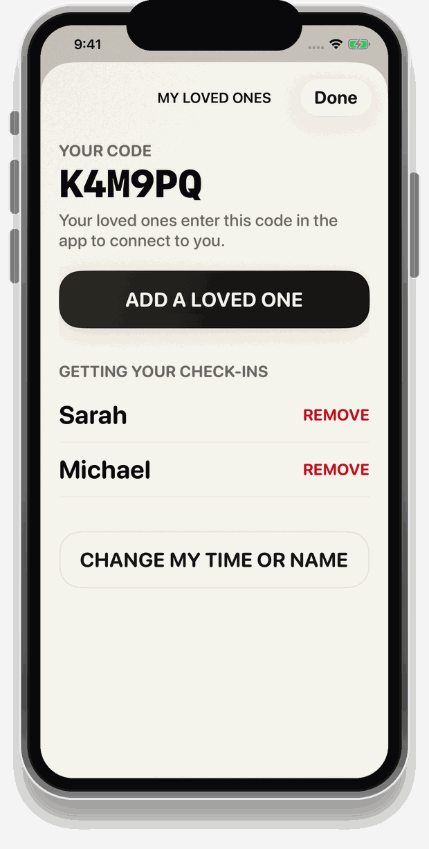 The My Loved Ones screen, showing the six-character invite code and who is connected.